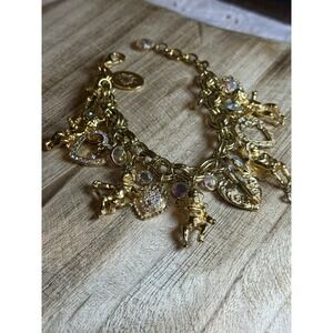 Vintage Kirk's Folly Gold Tone Charm Bracelet AB Crystals Angels Hearts 7.5"